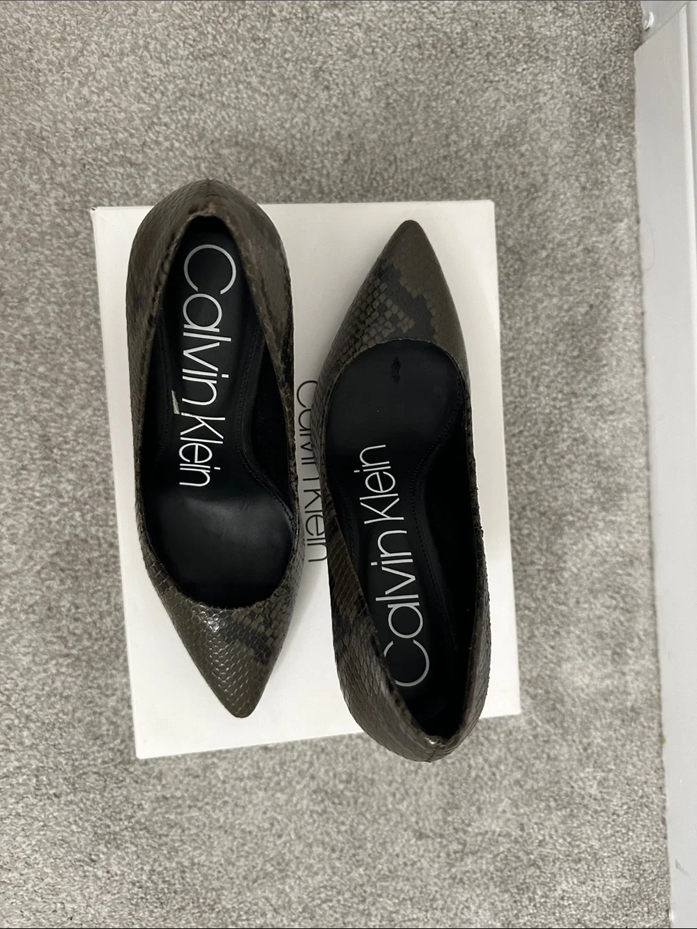 Calvin Klein Olive Snake-Embossed Pointed-Toe Pumps